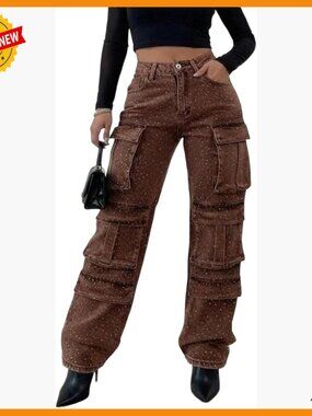 Rhinestone Cargo High Waisted Straight Leg Jeans, 95% Polyester 5% Spandex
